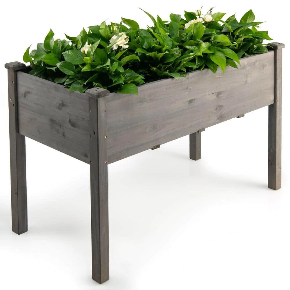 Deals โ๏ธ Wooden Raised Vegetable Garden Bed Elevated Grow Vegetable Planter Grey by Costway ๐